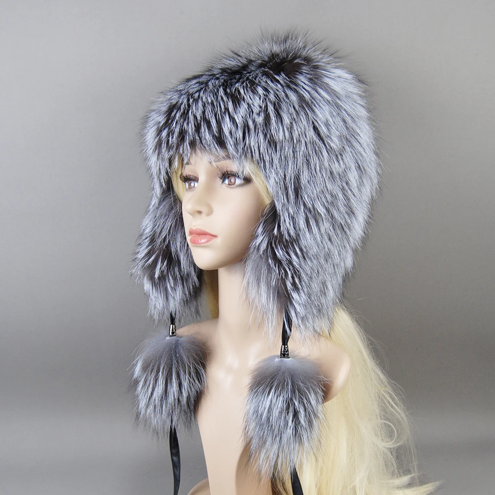 الفاخرة النساء الطبيعية الثعلب الفراء قبعة الفراء الحقيقي بيني قبعة قبعات منسوجة العلامة التجارية الروسية موضة شتاء دافئ سيدة قبعة الفضة الثعلب الفراء قبعة