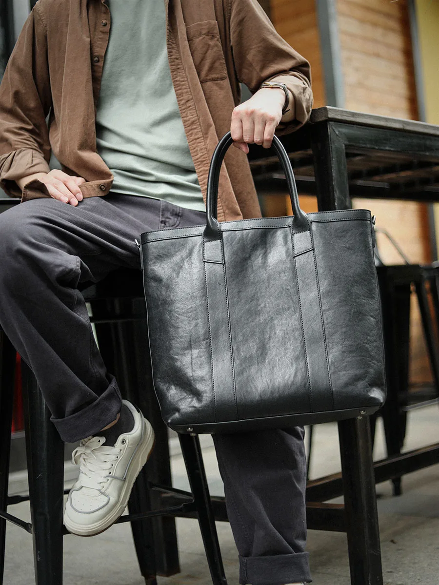 Borse da uomo in vera pelle nera morbida Borsa tote verticale per laptop in pelle bovina Borsa a tracolla grande valigetta da lavoro