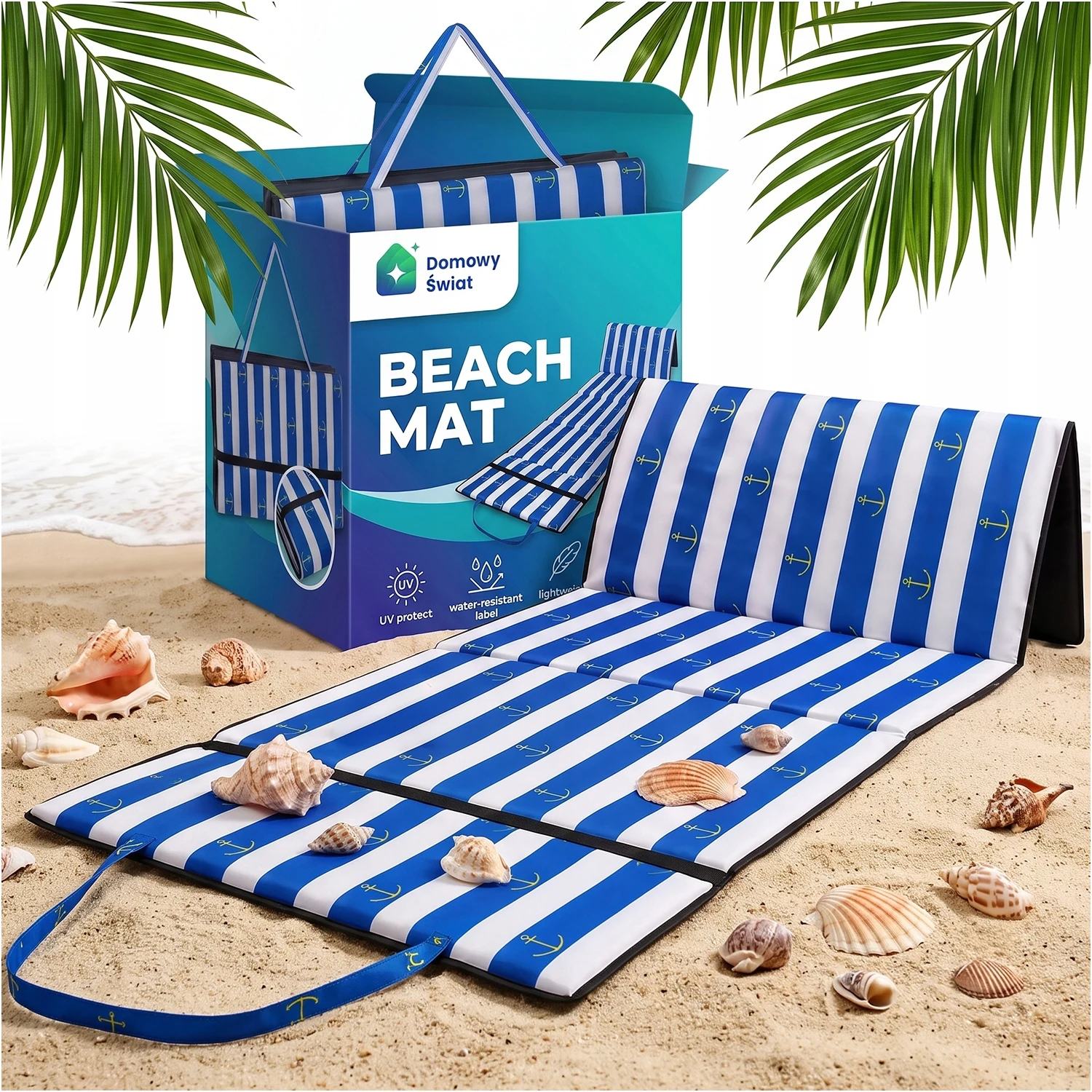 Tapis de pique-nique épais pour plage et camping, pliable, 190x66 cm, rembourrage EPE 1 cm, revêtement polyester, base isolante imperméable, motif rayures marin et ancre, pour bain de soleil, voyage, extérieur, avec poignée de transport cousue, couverture portable pour sable, gravier, herbe, terrasse