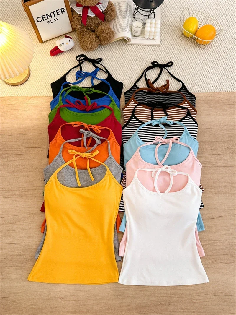 Koreanischer Stil Mehrfarbiges Crop-Top mit Bindeband und integriertem BH-Pad – Sexy, eng anliegendes Tanktop für Damen – Detail 3