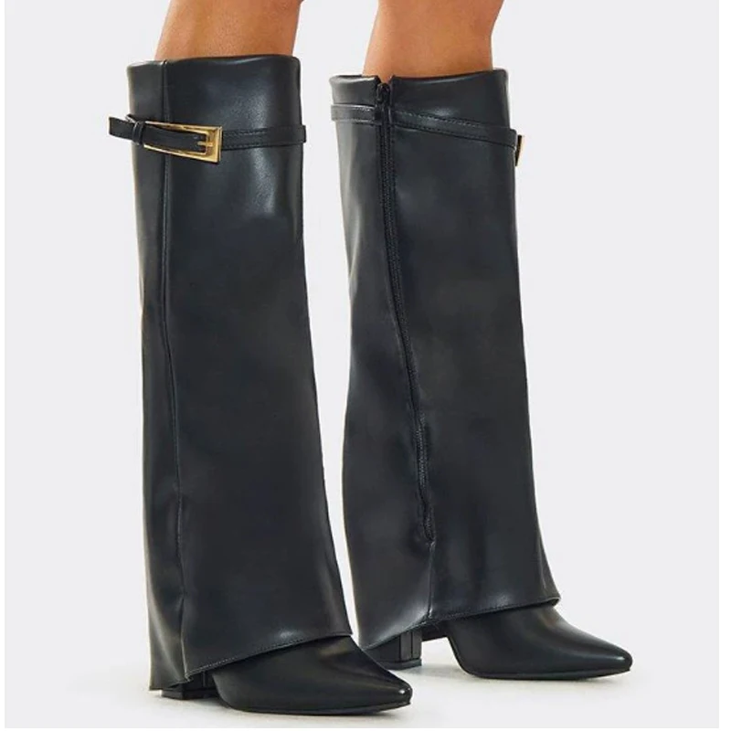 الذهب الأسود مشبك أشار تو كتلة كعب حذاء برقبة للركبة امرأة الخريف الشتاء 2026 موضة الجانب سستة سراويل طويلة الأحذية