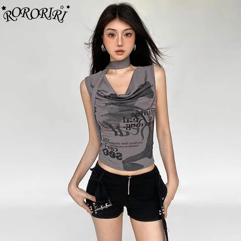 RORORIRI Vintage Gray Letter Print Graphic T-shirt Women Scarf Cowl Neck Tank Top Slim Stretch Sleeveless Vest Grayu Y2k Clothes