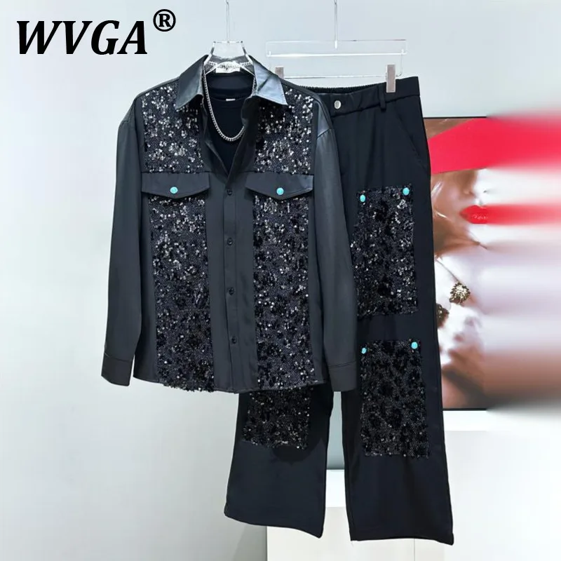 

WVGA Shirt Coats New Man Summer Heavy Craft Patchwork Sequin Long Sleeve Shirts Niche Chic Casual Pants Two-Piece Set Ins W10829