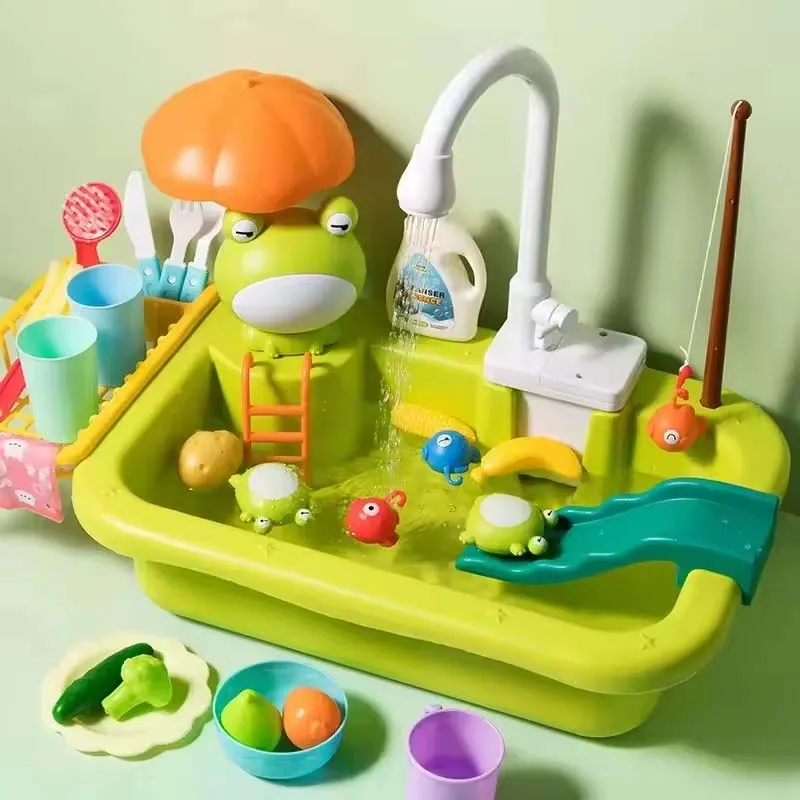 Nuovi bambini rana lavello da cucina Playset pesce lavastoviglie elettrico con giocattolo da corsa acqua finta cibo pesca gioco di ruolo regali di compleanno