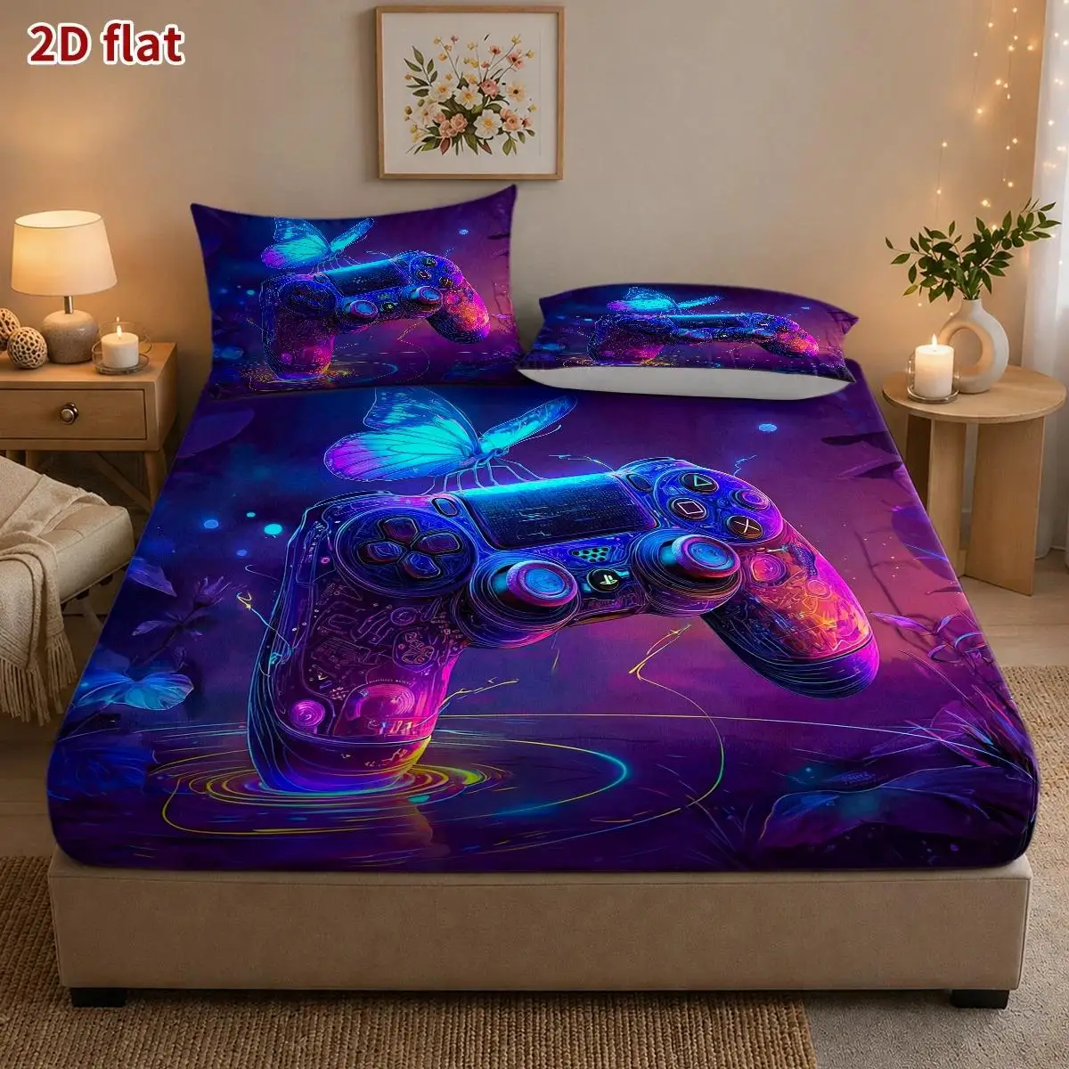3-Piece Mattress Protector Set Fitted Sheet 2 Pillowcases Butterfly Cyberpunk Neon Style Dust Proof Stain Resistant Machine Wash