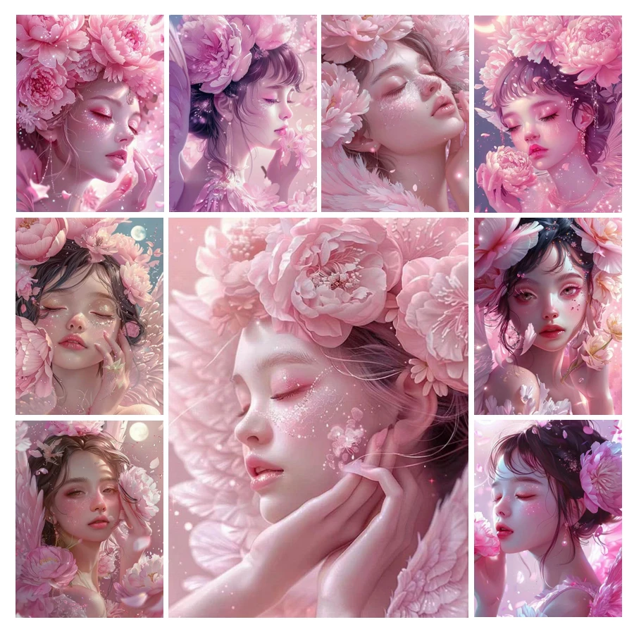 Diy Full Mosaic Art Dream Woman Flower Diamond Painting Kits New Arrival Pink Floral Rhinestone Embroidery Picture Wall Decor