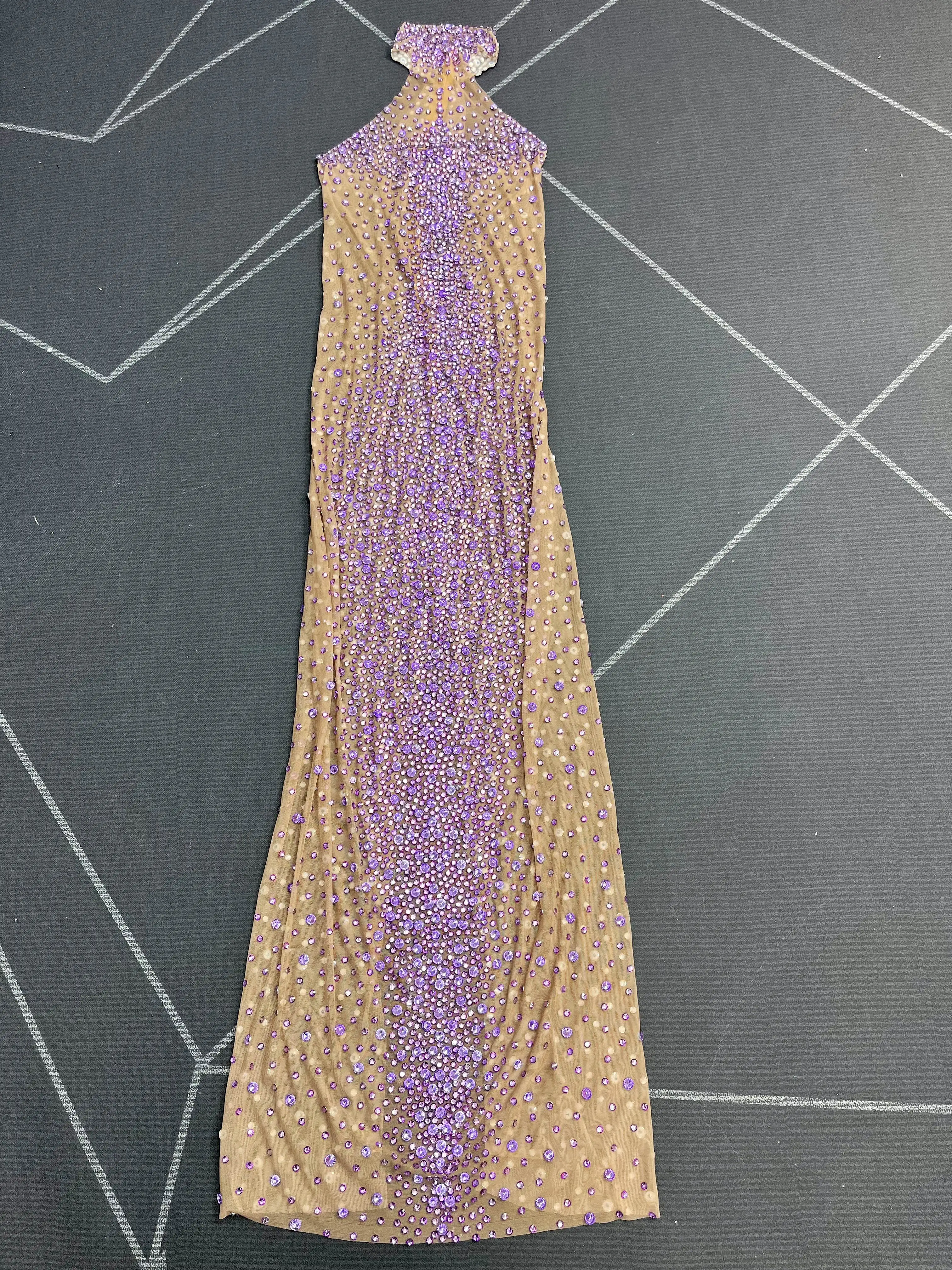 High-end Blingbling Rhinestones Sexy Nude Mesh Trim fiit Dress Women Dancer Show Costume Evening Party Elegant Gown Jianbian