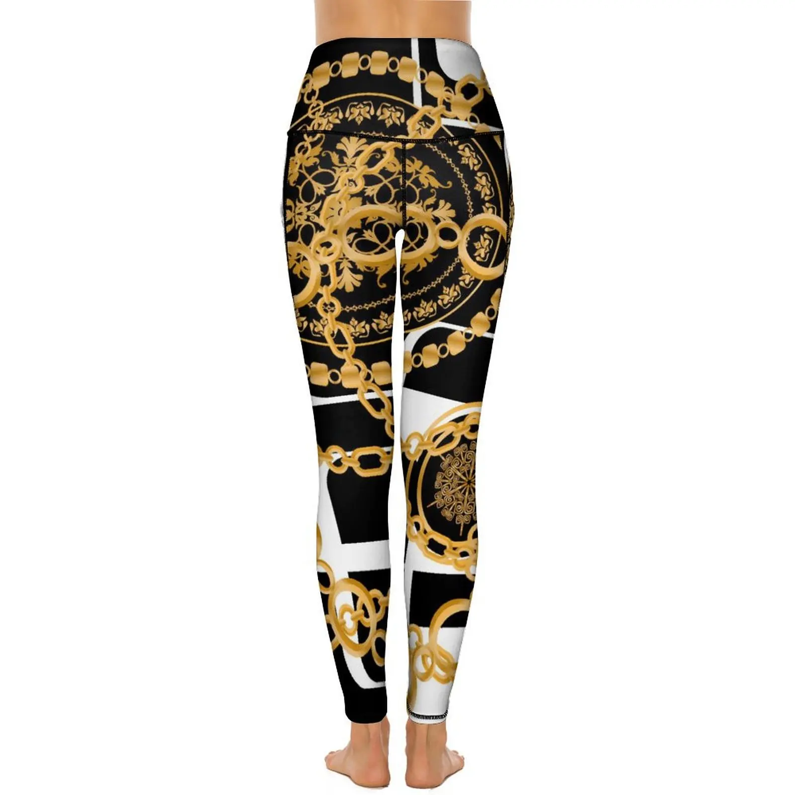 Gouden Kettingen Leggings Sexy Zwart Wit Blok Push-Up Yogabroek Vintage Stretch Leggins Vrouwen Bedrukte Hardloopsportpanty 'S