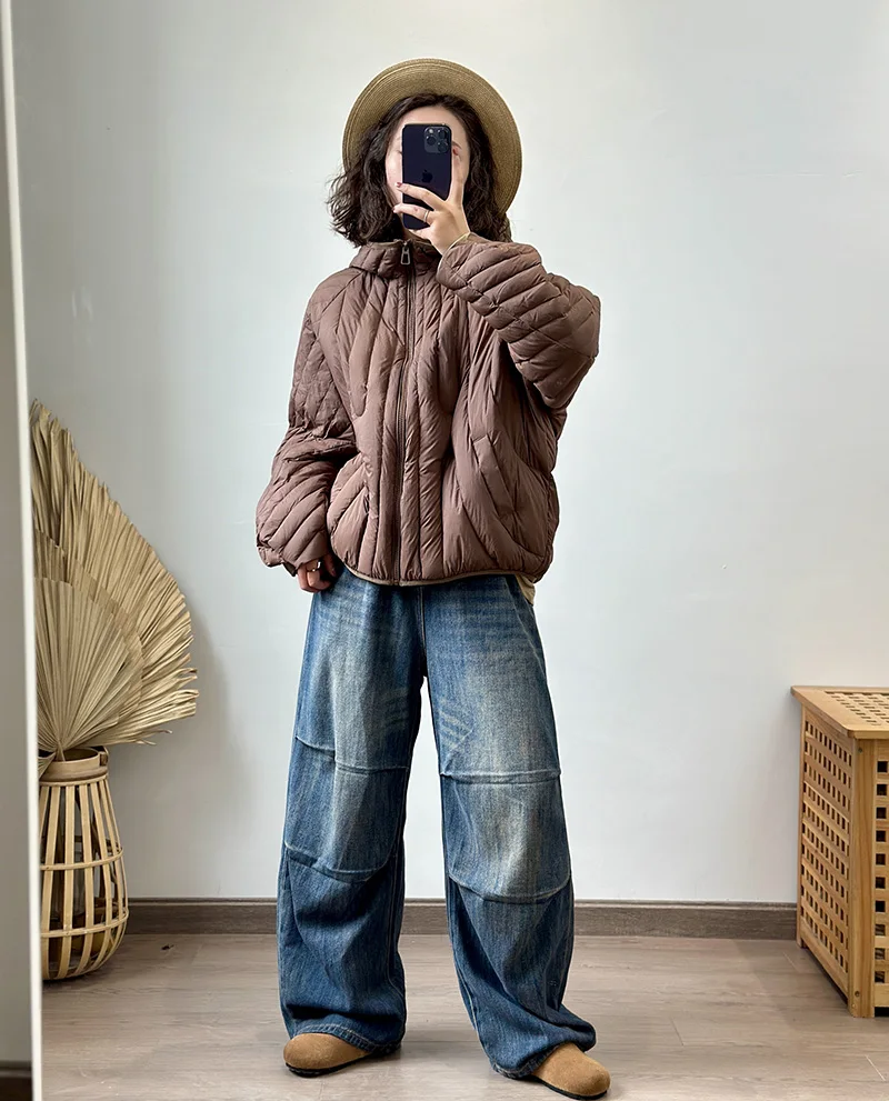 Schinteon Women Ultralight 90% White Duck Down Jacket Over Size Loose Casual Autumn Winter Outwear Vintage Coat Hood 2026 New