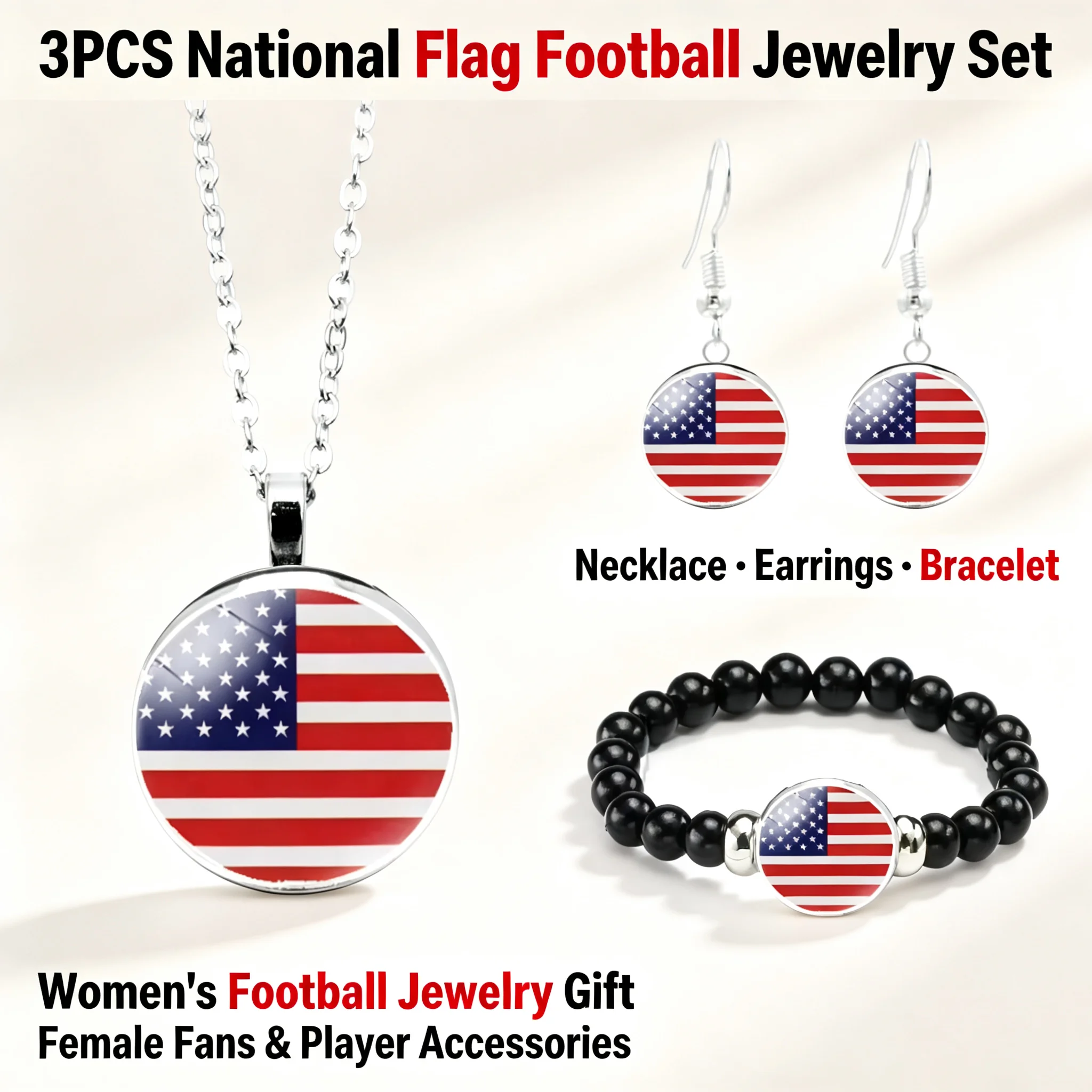 3PCS National Flag Football Necklace Earrings Bracelet Set Women's Football Jewelry Gift Female Fans Player Football Accessories