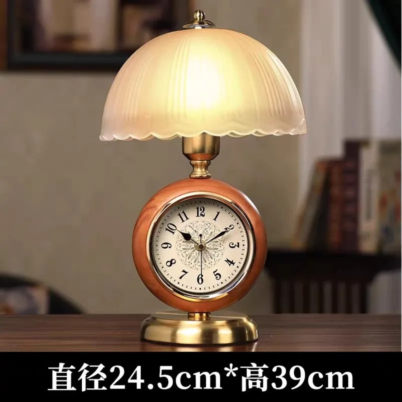 European Nostalgic Desk Lamp Seat Clock Study Living Room with Clock Decoration Bedside Table Lamp Silent