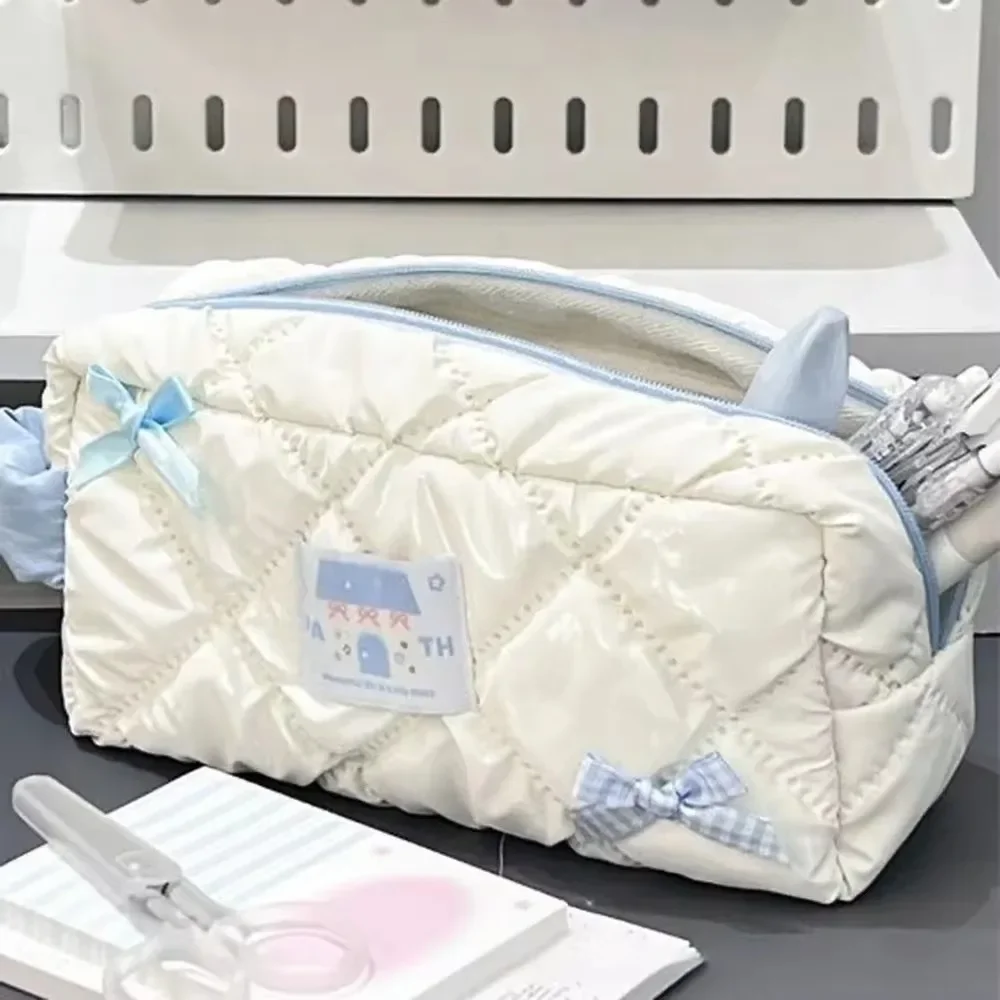 Imagem -03 - Bolsa de Lápis Azul e Branco para Meninas Papelaria de Grande Capacidade Armazenamento de Viagem Mulheres Bolsas Cosméticos Estojo Bonito do Projeto