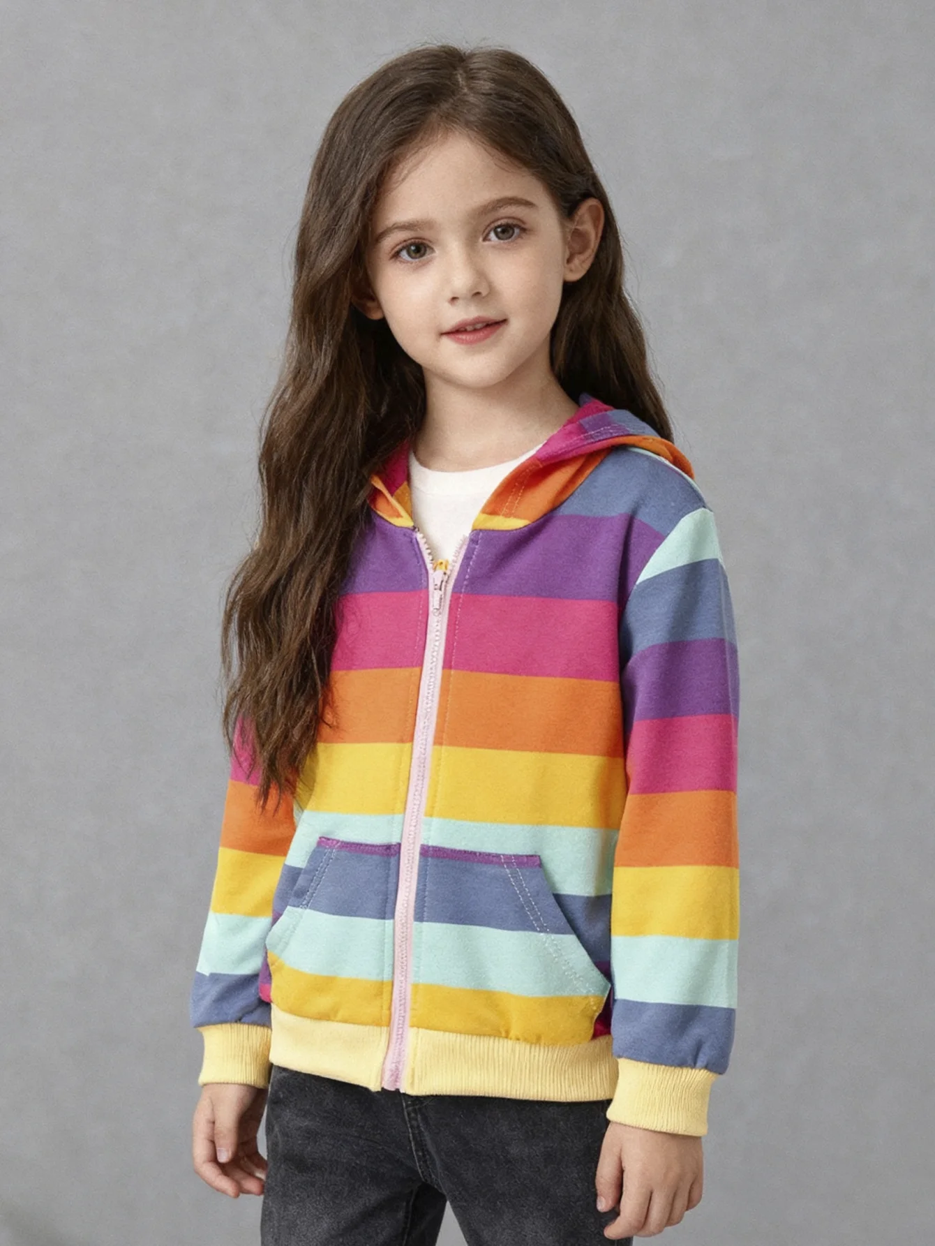 Mädchen Frühling Herbst Mode Kapuzenjacke mit Reißverschlusstasche Regenbogen-Streifen Personalisiertes Niedliches Design – Detail 1