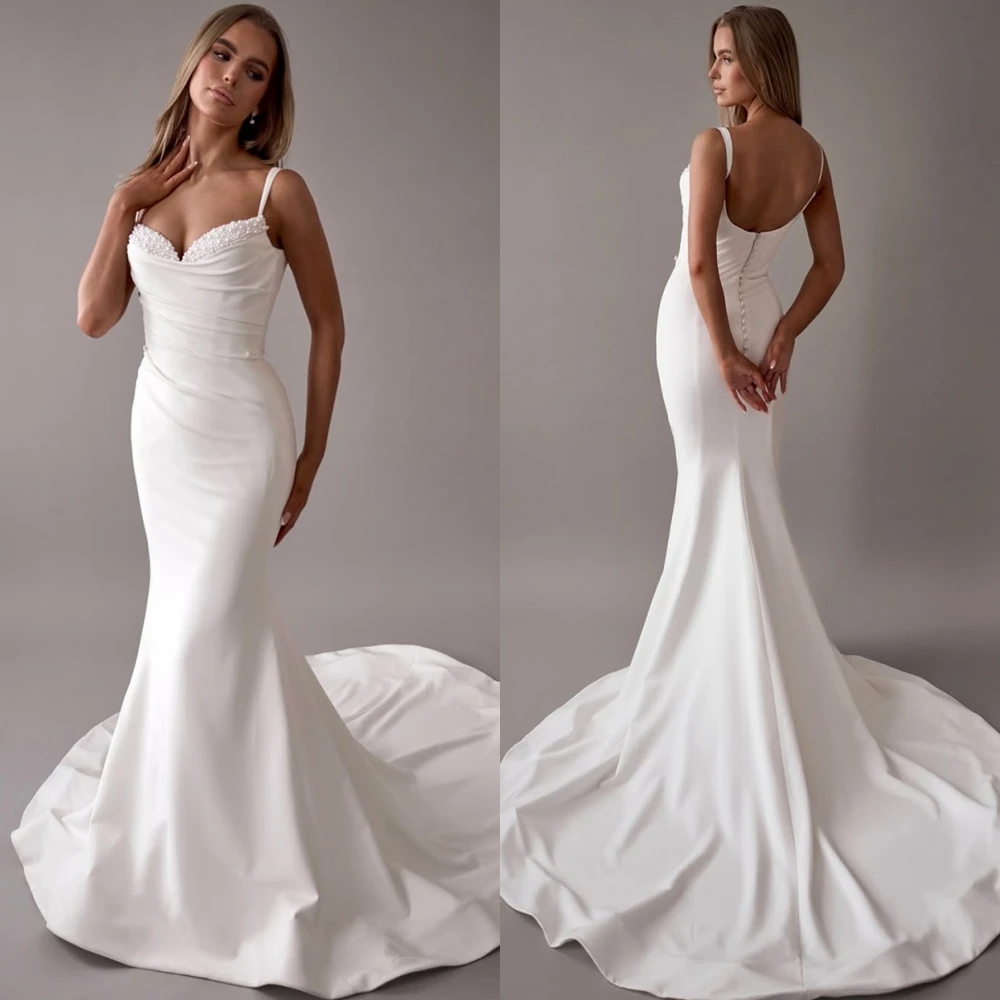 

Customized Pure White Satin Bridal Gowns Elegant Spaghetti Straps Sleeveless Wedding Dress Soft Pearls Mermaid Vestido De Novia
