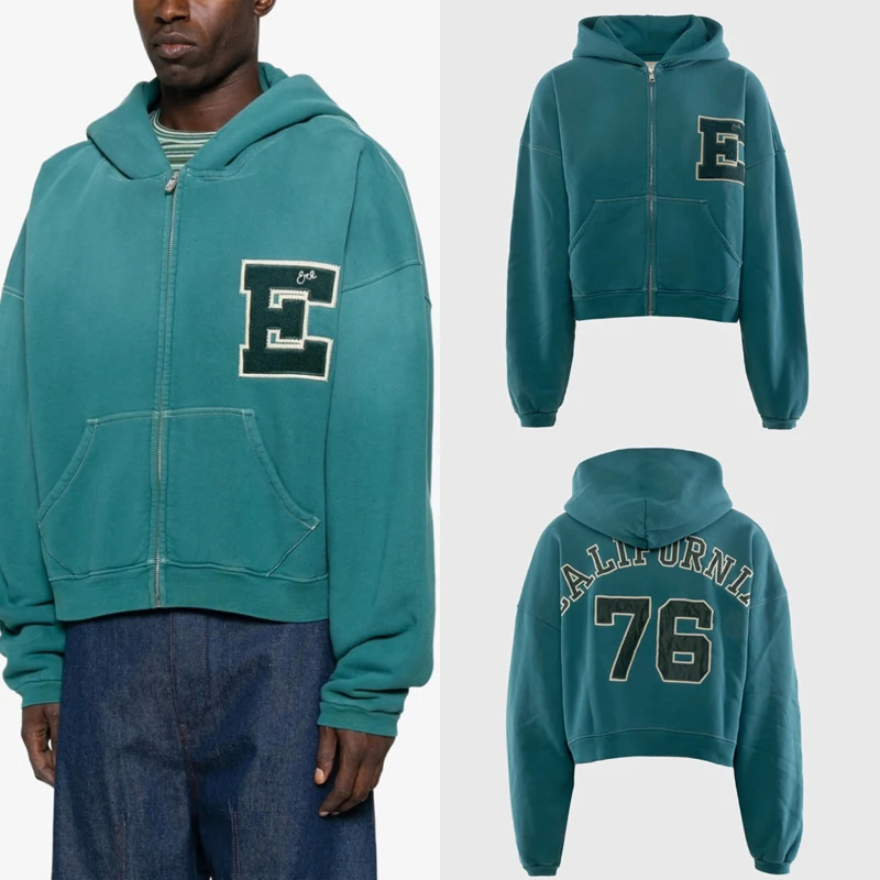 European American High Street ERL Sweatshirt Autumn Winter Splicing Embroidered Letters Zipper Hoodies