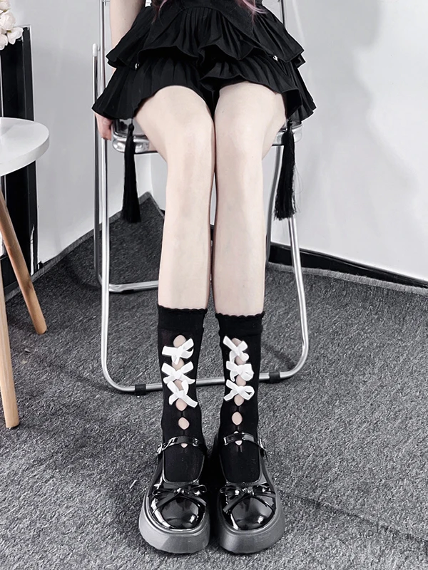 Black Socks For Women's Mid-Calf Socks Japanese Style JK Lolita Long Stockings Bowknot Slouch Hosiery Japanese New Hose Ladies