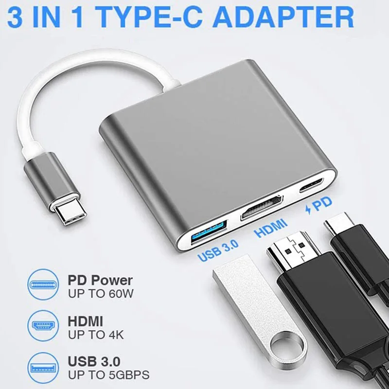 3-in-1 USB C Hub 100W Power USB 3.0 4K HDMI-compatible for MacBook Surface Chrome Steam Deck Stable USB 3.0 USB HUB Adapter