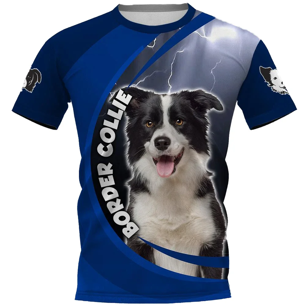 HX  Border Collie T-shirts 3D Graphic Animal Dogs Blue Lightning Splicing Pullovers All Print Harajuku T-shirt Streetwear
