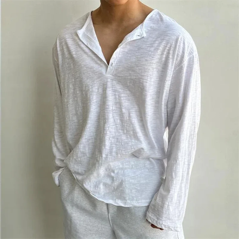 Spring Henley Collar Lightweight Lazy Irregular Texture Loose Base Long Sleeved T-shirt