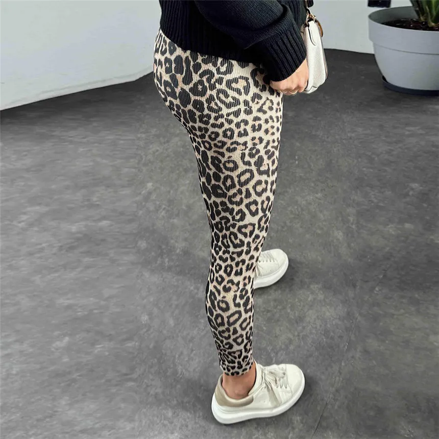 Aligaia 2026 Autumn High Waist Leopard Print High Stretch Silm Pants Women's Knitted Fabric Casual Trousers Fem Casual New