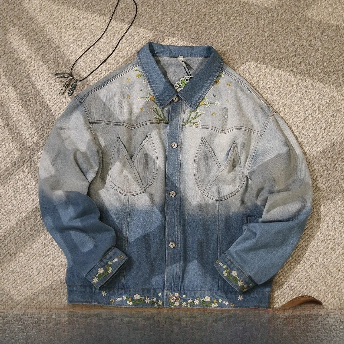 

Retro American Floral adient Embroidery Denim Jaet ex Spring Autumn Faion Design Sense Outerwear for Teens