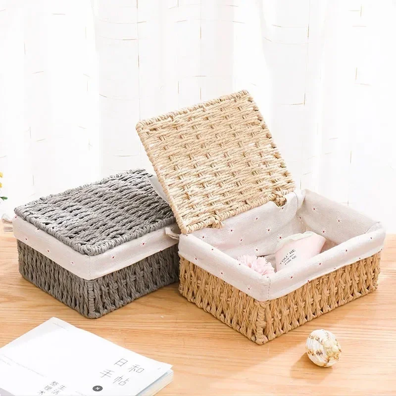 

Handwoven Storage Basket Rattan with Cover Storage Baskets Hollow Paper Rope Storage Box Desktop Sundries Cosmetics Organizer