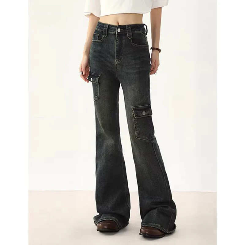 

WCFCX STUDIO High Street Office Lady Flare Jeans Slim Bell Bottoms Fashion Denim Trousers Multiple Pockets 2000s American Retro