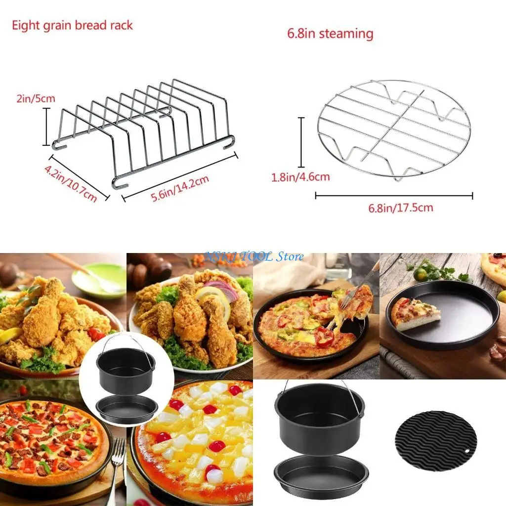 

L8RC 6pcs/set 7 Inch Pizza Pan Air Fryer Accessories Baking Grill Rack Cake Barrel Steamer Pot Holder