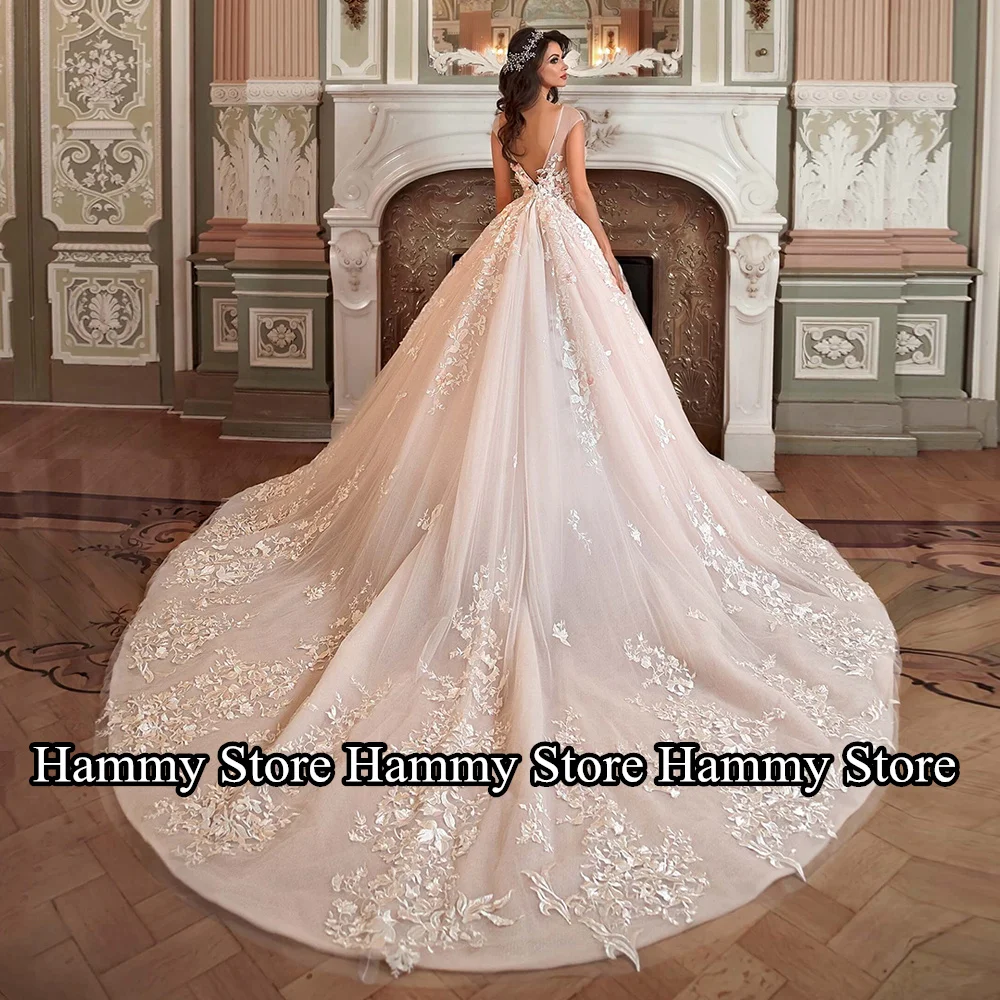 Traditional Wedding Dress Brush Pink Bride Dresses Cap Sleeve 3D Flower Applique Scoop Neck Court Train Bridal Gown Gelinlik