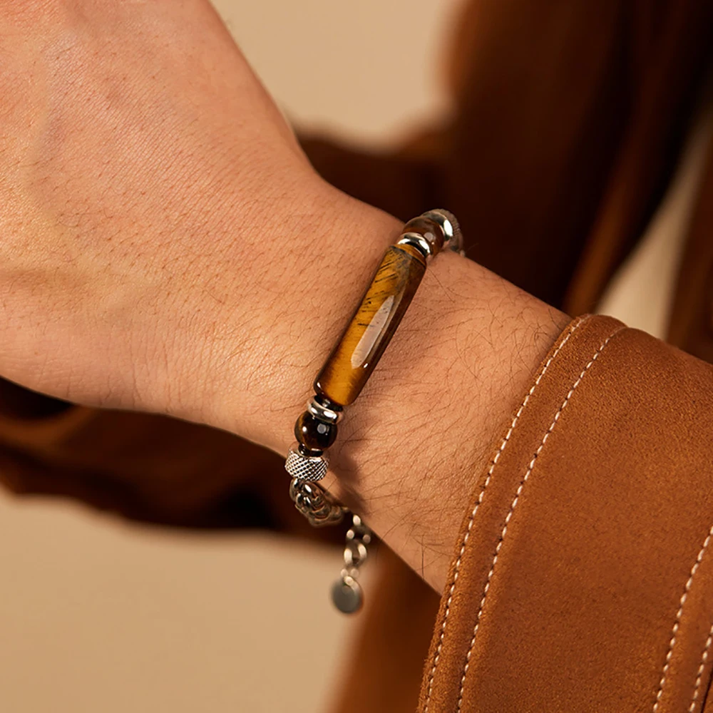 Natural Stone Charm Mens Bracelet Stainless Steel Twist Chain Yellow Tiger Eye Stone Bead Bangle Women Fashion Jewelry Wristband