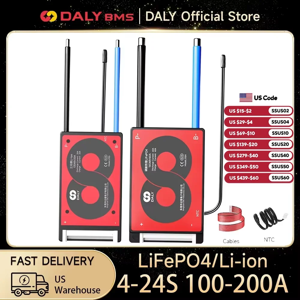 Daly الأجهزة BMS ل Li-ion 10S 36V 20A BMS 13S 48V 20A BMS NTC لوح حماية مع أسلاك توصيل التوازن BMS US