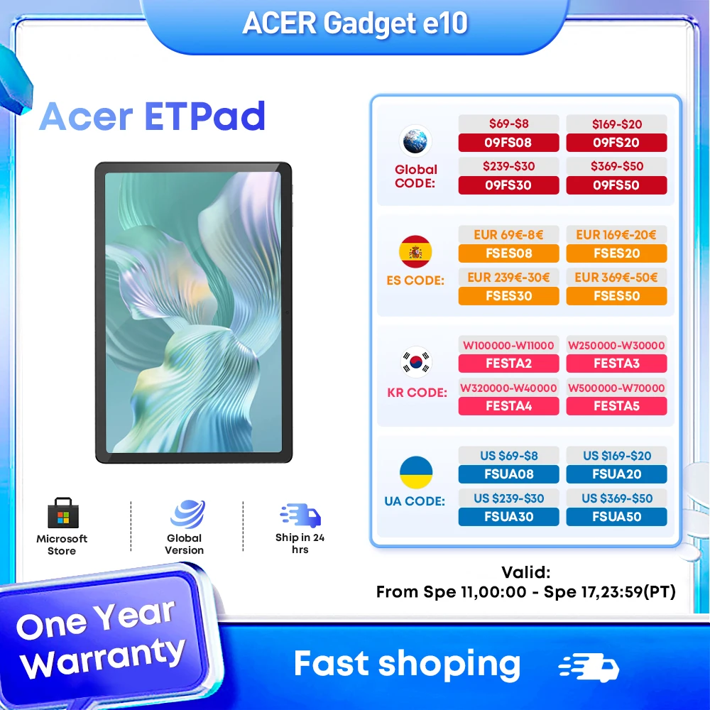 

acer Gadget e10 Acer ETPad Tablet Android 14 Snapdragon 685 Octa Core Pad 8GB RAM 128GB ROM 10.95 inch 1200*1900 screen 4G LTE