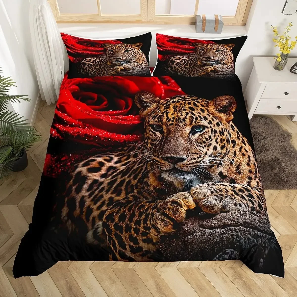 Leopard Duvet Cover Set Red Rose Bedding Sets Safari Animals Print Comforter Cover Rose Flowers Cheetah Quilt Cover King Size