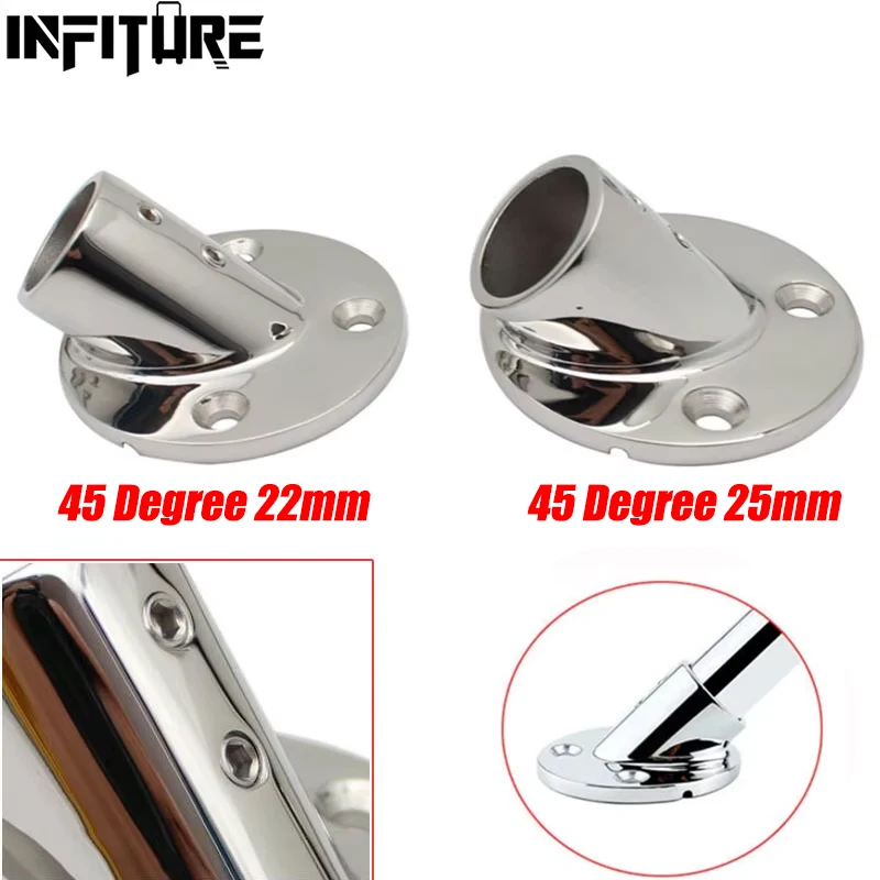 22/25mm 45 Degree Round Tube Base Hand Rail Railing Pipe Marine 316 Stainless Steel Fitting Rowing Boats Yacht Accessory