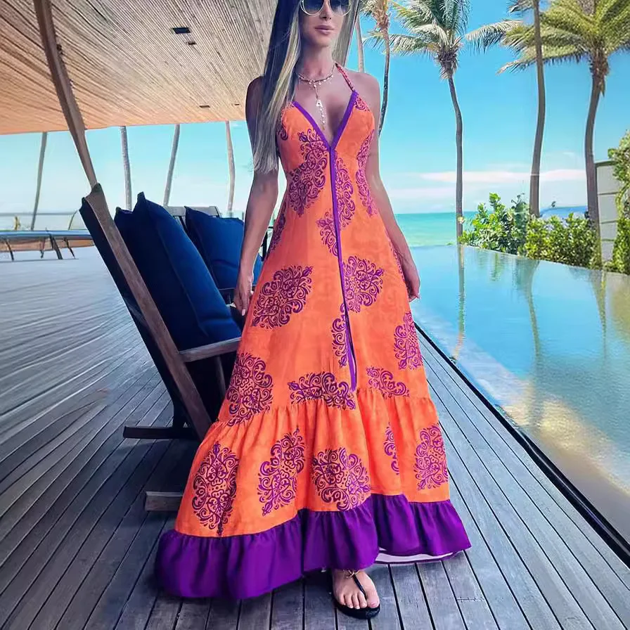 Abito stampato Boho alla moda Abito lungo sexy con scollo a V profondo senza schienale con lacci a vita alta Abiti casual da donna in stile vacanza