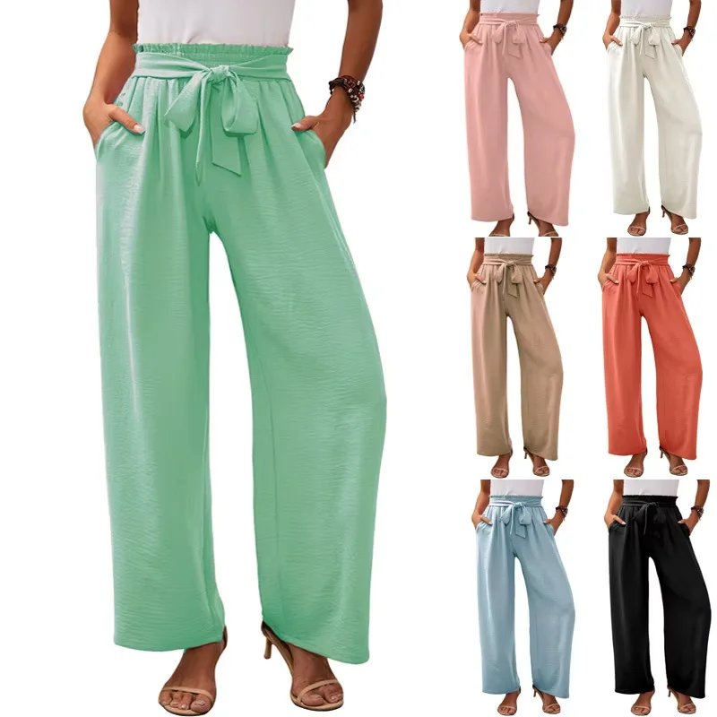 Women's Lightweight High Waist Wide Leg Casual Pants with Pocket Adjustable Lace Knot Loose Fit New