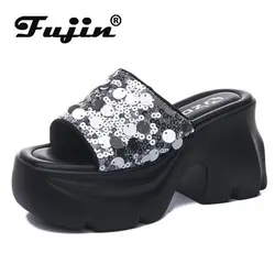 Fujin 10cm sintetico Slip on Platform Wedge Fashion sandalo Bling donna roma Peep Toe 2024 pompe pantofole estive scarpe moda