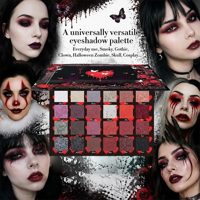 24-Color Red Black Smoky Eyeshadow – Matte Shimmer Metallic, Goth Glam Maximalist Makeup, Smudged Vampire Look, Daily to Party view 3