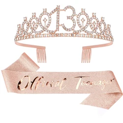 13th Birthday Crown Sash Set for Girls Official Teenager Birthday Decoration Set 16th Birthday Tiara Gifts Teen Girls Rose Gold