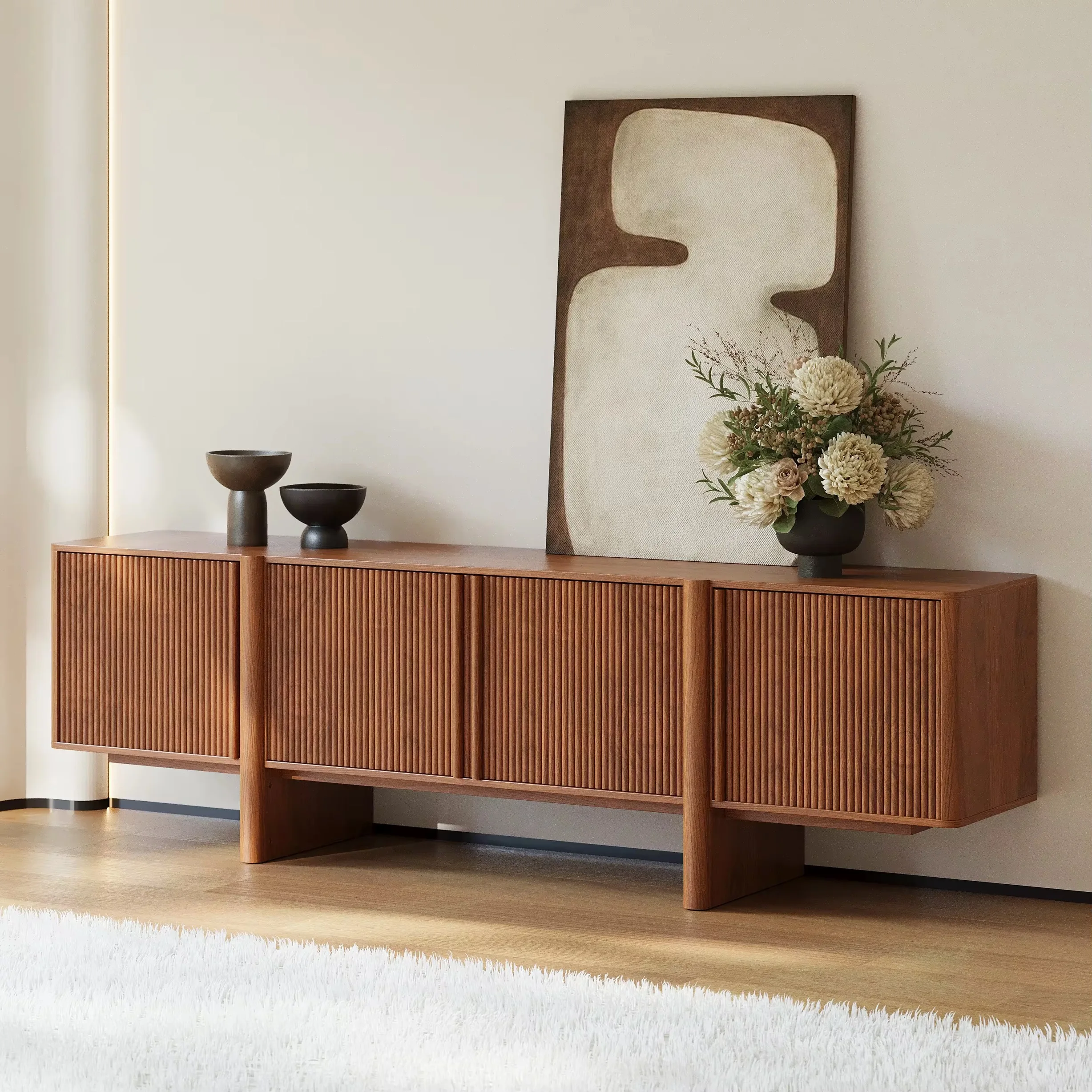 ei-Modern, Minimalist Four-door Console Solid Wood Storage Cabinet TV Stand Suitable for Living Room Furniture%