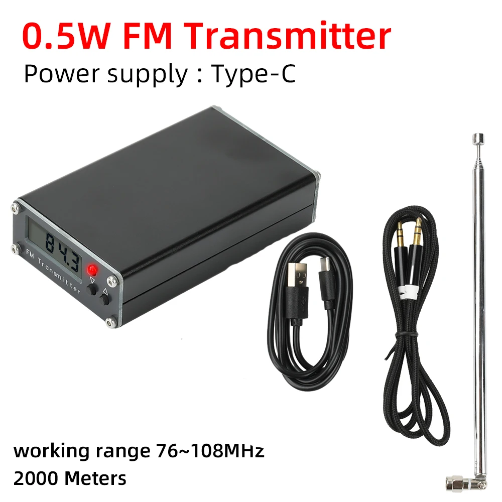 

2000 Meter Fm Transmitter 0.5W Digital Display FM Transmitter Stereo 76-108Mhz Type-C Interface With 320 Selectable Frequencies