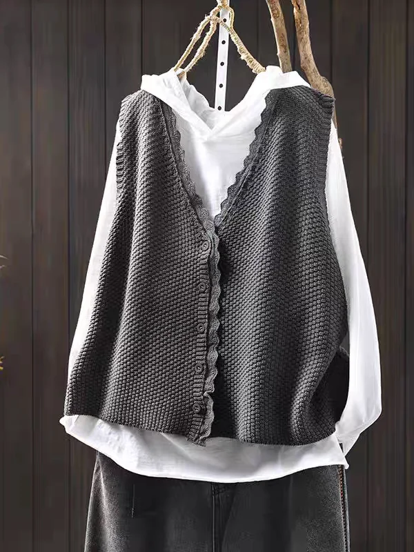 

Loose V-Ne Cotton Knitted Vest Cardigan Women's Casual Layering oulder Pad Autumn New Sle Faionable Slimming Design