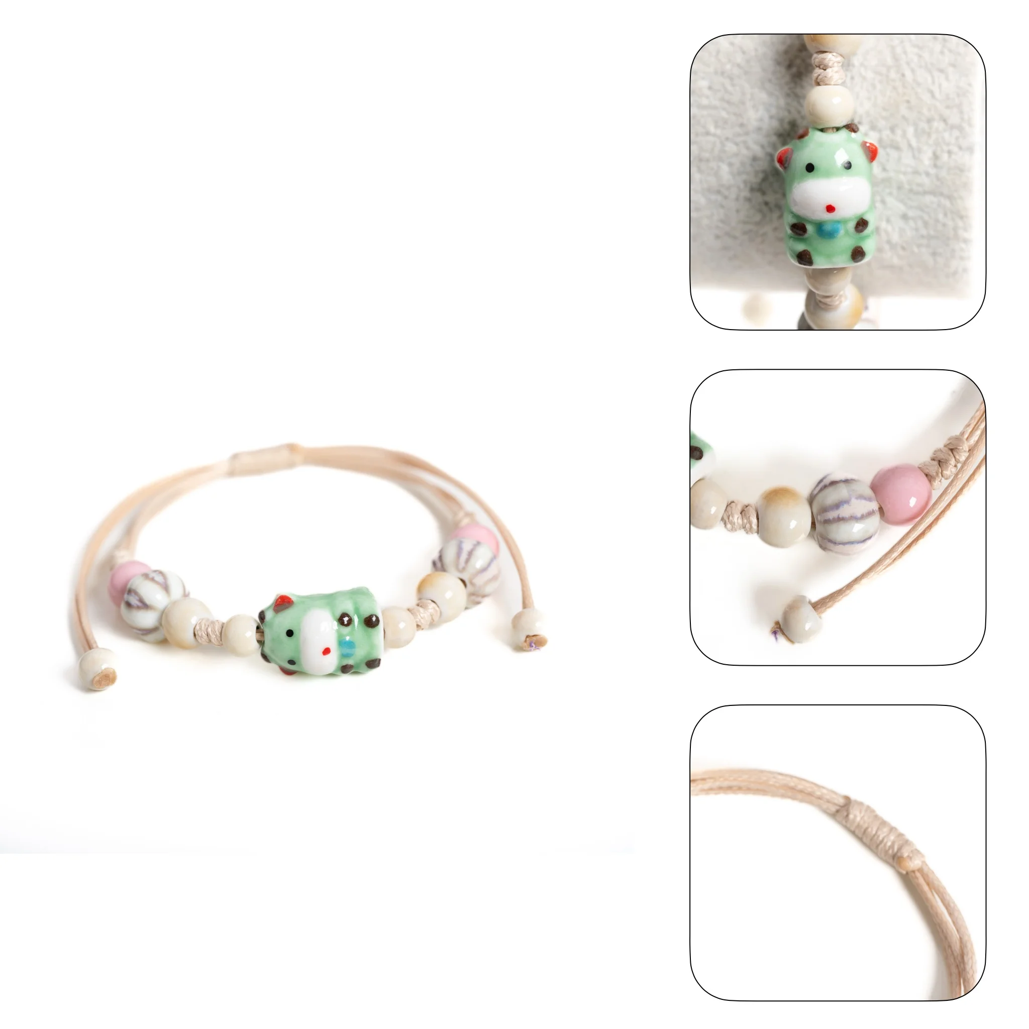 Cute Green Cow Ceramic Bracelet Handmade Wax Cord Adjustable Porcelain Animal Bead Bracelet Boho Vintage Jewelry Gift for Women view 5
