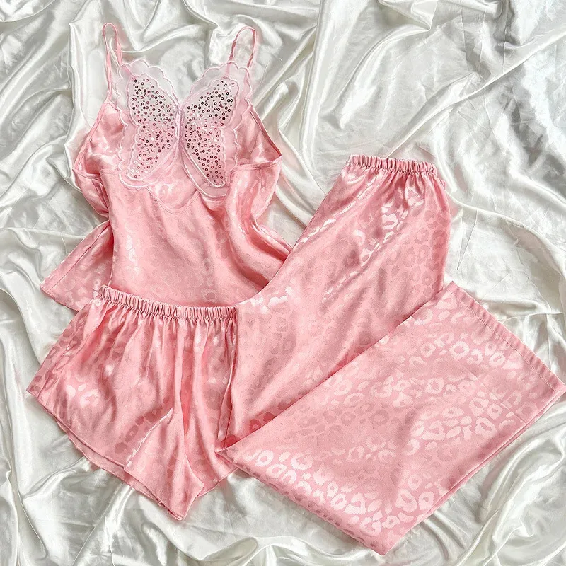 

Комплект из 3 предметов: женская пижама с сетчатыми вставками и бабочками, сексуальный комплект для сна с топом на бретельках и шортами, летнее атласное ночное белье d'4o