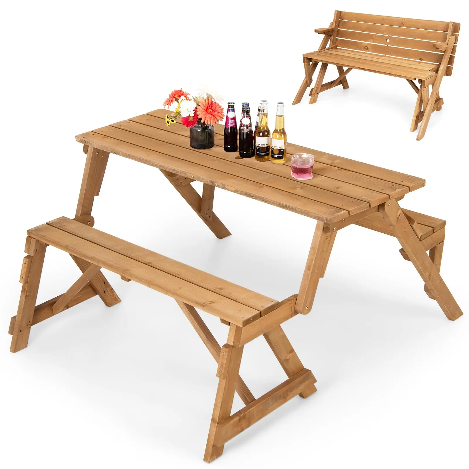 Picnic Table, 2 in 1 Convertible Picnic Bench Table Set, Transforming Interchangeable Wooden Picnic Table with Umbrella