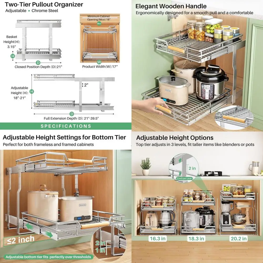 

Двухуровневый выдвижной органайзер для кастрюль и сковородок 17W x 21D с полным выдвижением
