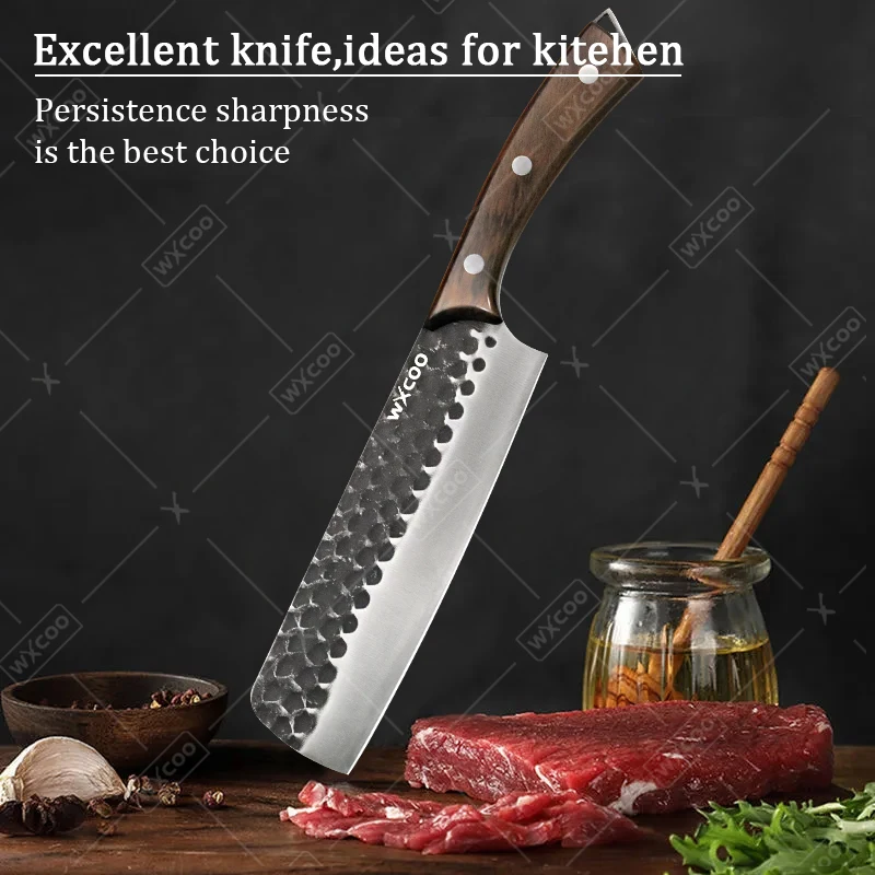 WXCOO Multifunctional Kitchen Knife Wooden Handle Butcher Knife Meat Cleaver Cooking Fruit Slicing Bottle Opener Chef