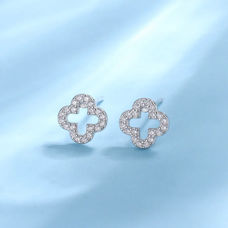 S925 Sterling Silver Zircon Leaf Hollow Stud Earrings for Women Elegant Niche Triple Flower Earrings Fine Jewelry Gift