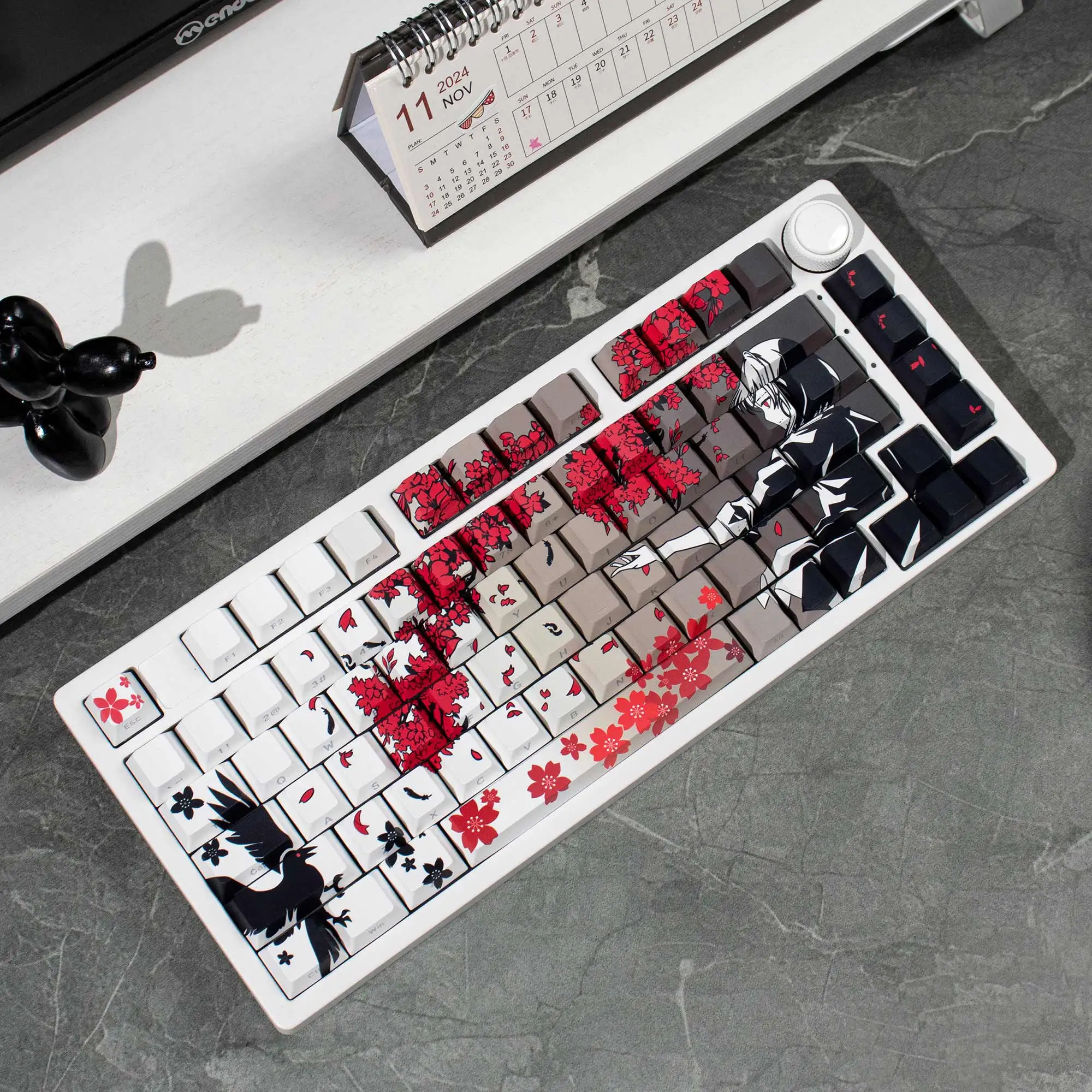132 Keys Gray Raven Sakura Keycaps Dye-Sub Cherry Profile Keycap Side Shine Through PBT Keycap for MX Mechanical Keyboard