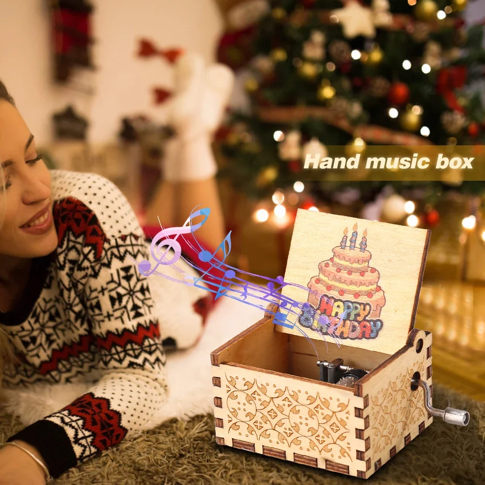 Vintage Hand Cranked Musical Box Happy Birthday Wooden Carved Music Box Ornament Birthday gifts Inyuasha music box Carousel